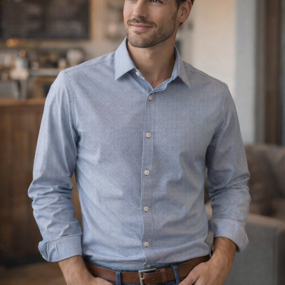 Handsome! Calvin Klein Infinite Slim-Fit Shirt — Blue & White Geo (Men’s Size M)